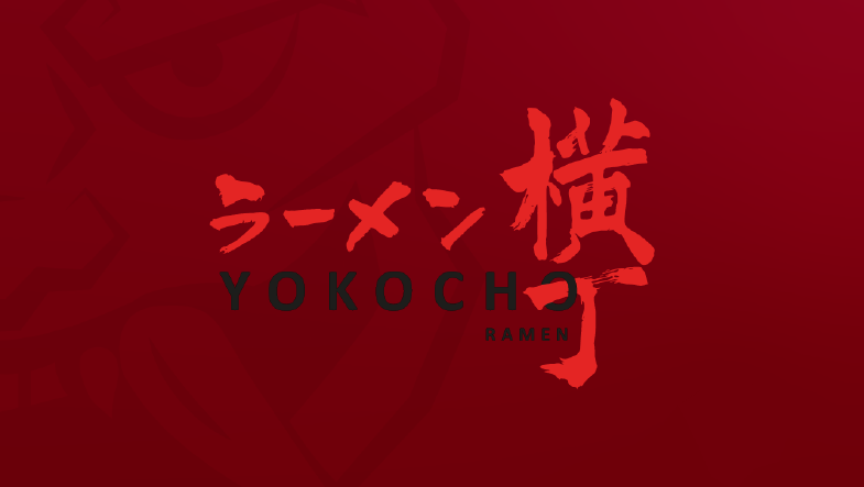 El logo del Yokocho Ramen sobre un fondo rojo oscuro.